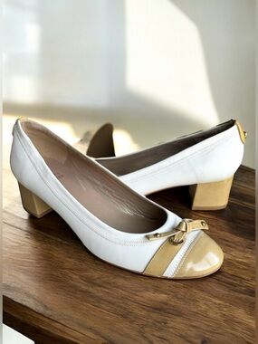 Stuart Weitzman Patent Cap Toe Pumps Bow Detail White Leather